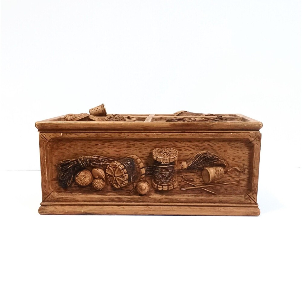 Vintag Faux Wooden Sewing Box  Resin  Carved Cottagecore 1950s With Tray * - Picture 2 of 8